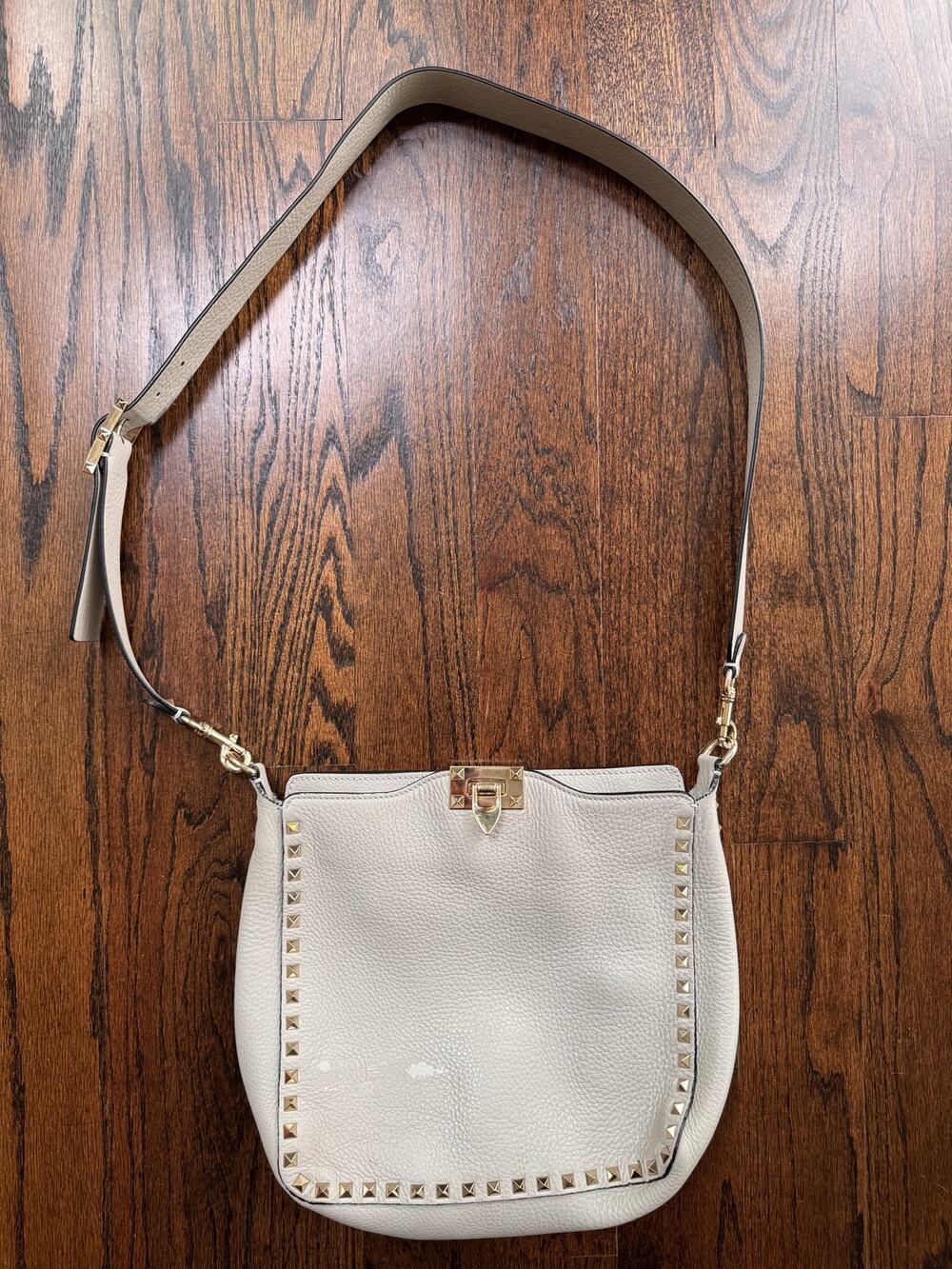 VALENTINO Garavani Rockstud Dove Gray Small Hobo Crossbody Shoulder Bag - FLAW